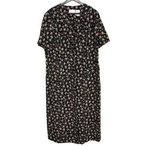 Vintage 90s Black Multicolor Floral Print Short Sleeve Full Length Dress Size 16